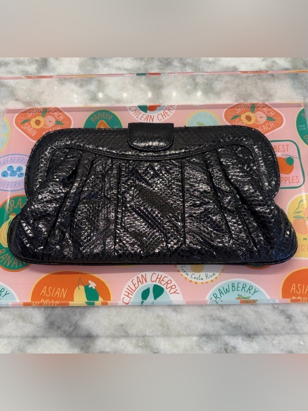 NWOT Saks Fifth Avenue Black Textured Clutch Crossbody Snake Embossed Evening